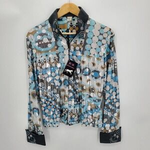 New RHC Womens Equestrian Show Shirt Zip Jacket Circle Print Rhinestones Medium